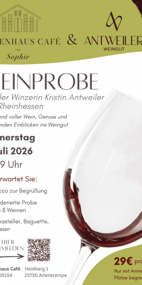 Weinprobe im Palmenhaus-Café von Sophie<br>9. Juli 2026 um 19 Uhr